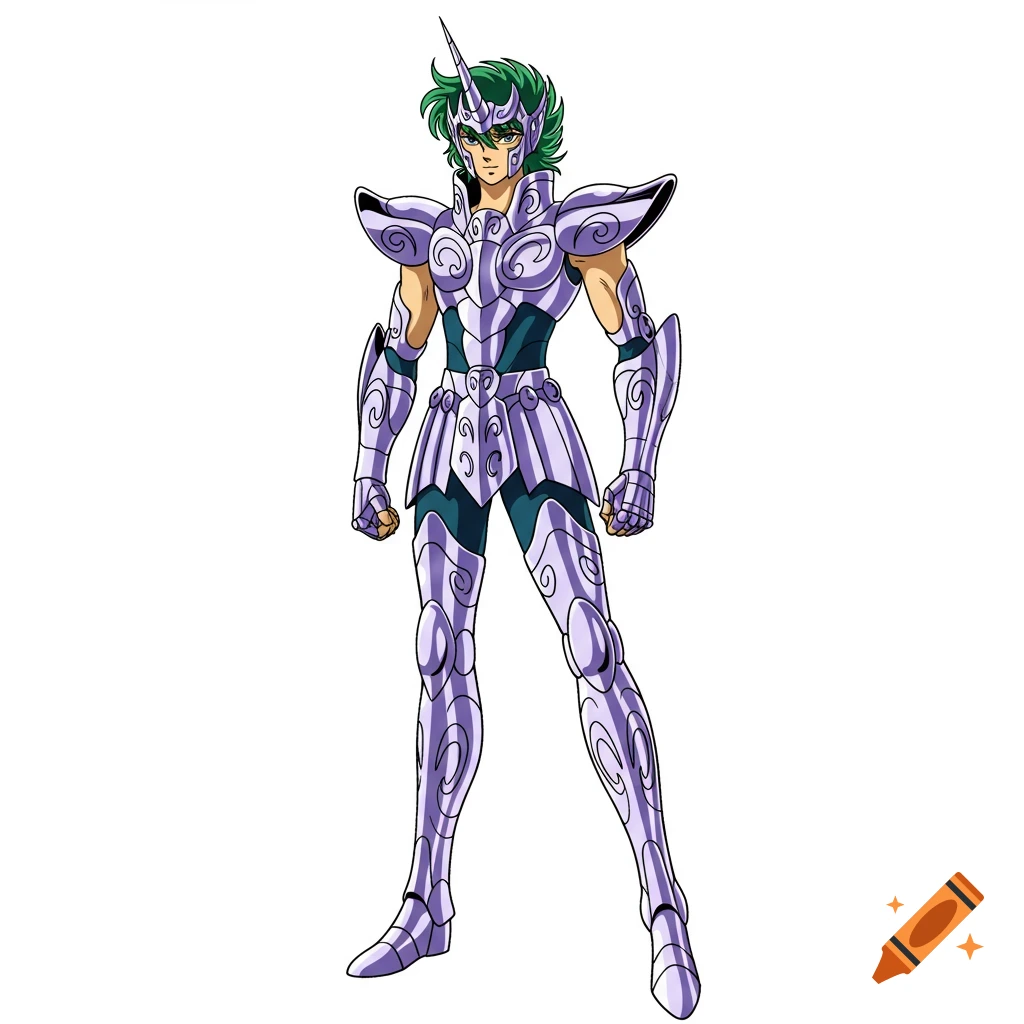 An athletic anime warrior inspired by Jabu of the Unicorn from Saint Seiya, in purple and white armor, on a white background.