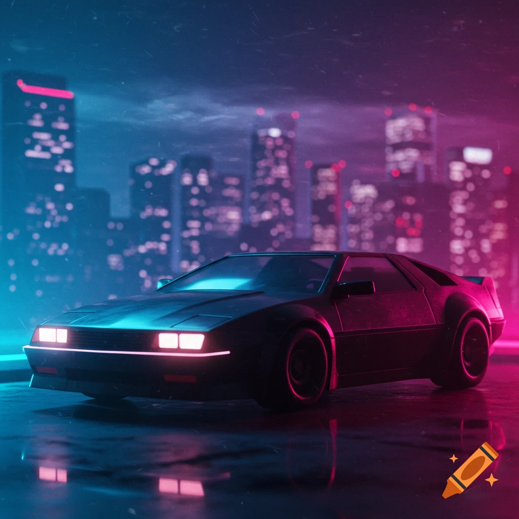 A dark retro sports car glows with neon pink and blue lights on a wet city street at night, with a blurred skyline.