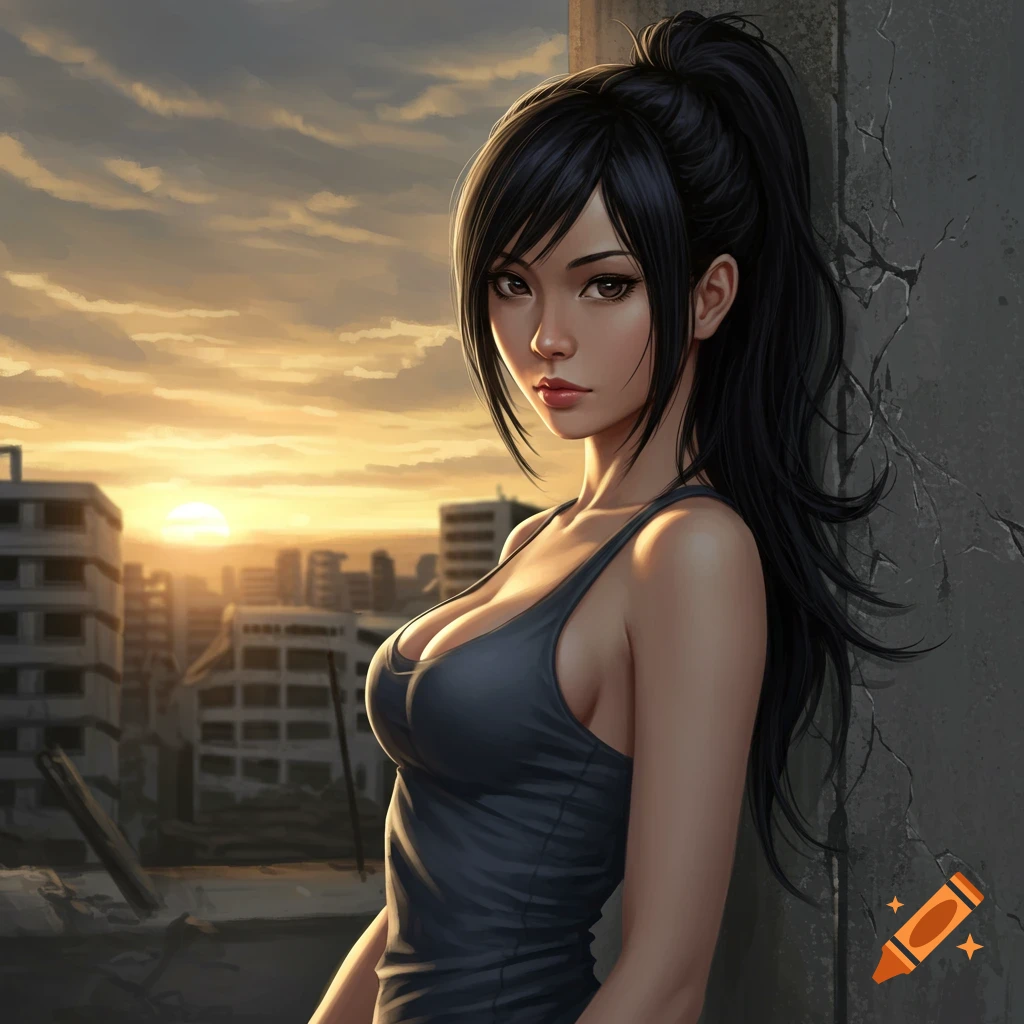 Highly detailed anime-style Japanese woman with a high ponytail, leaning against a cracked wall with a dystopian city at sunset in the background.