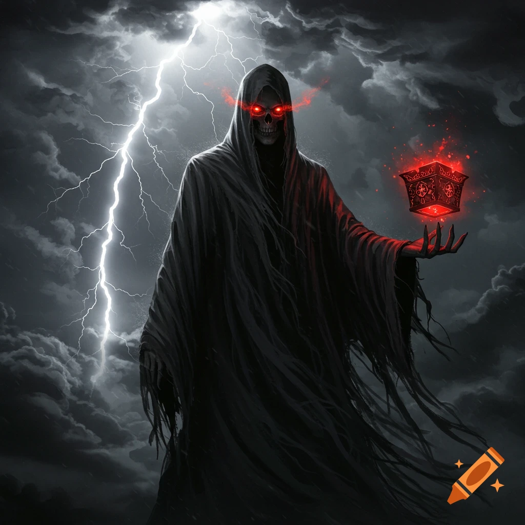 A dark Grim Reaper figure with red eyes holds a glowing red box amidst a stormy sky with lightning. Dark fantasy art.