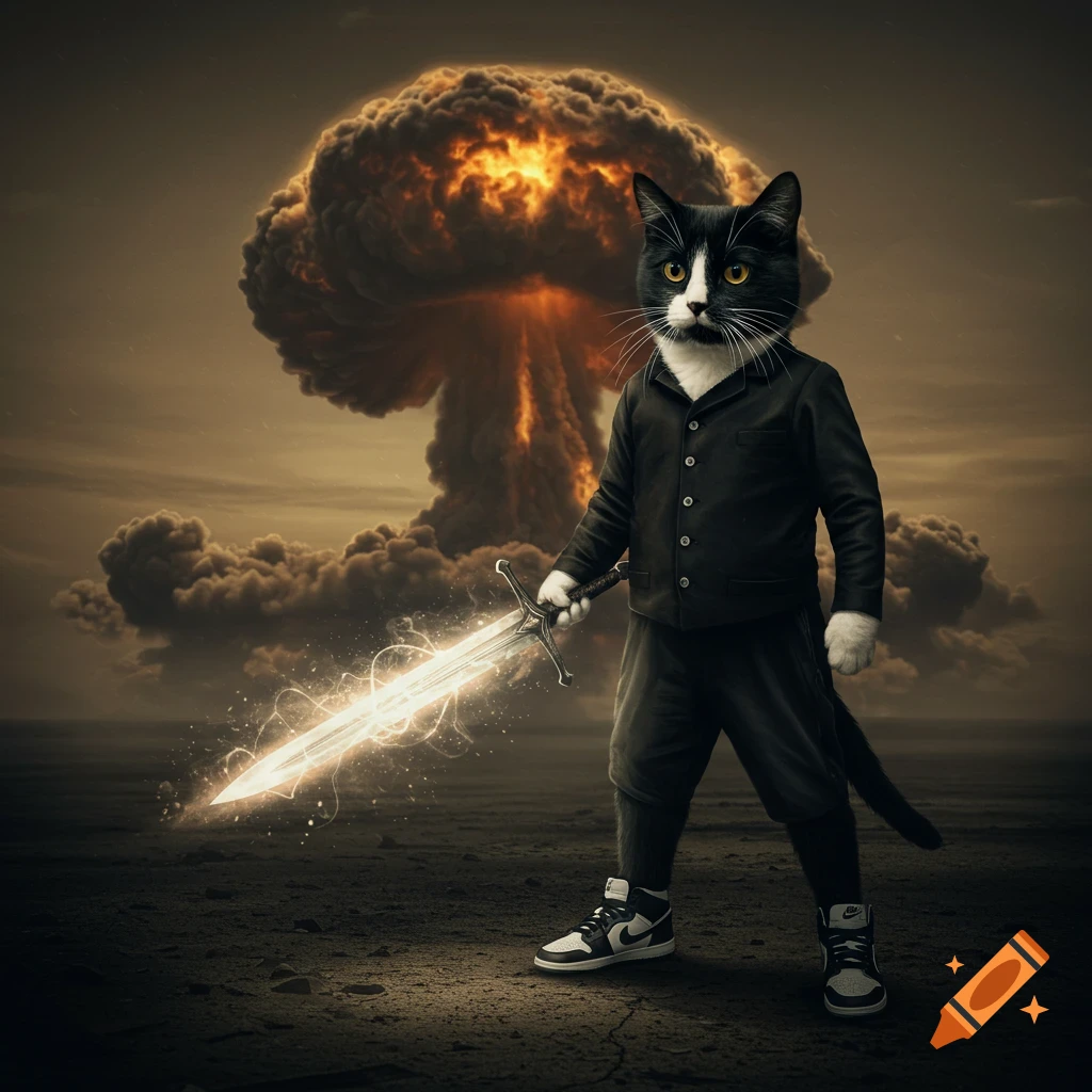 An anthropomorphic black and white cat in a suit holding a glowing sword, standing on a barren landscape with a massive mushroom cloud in the background.