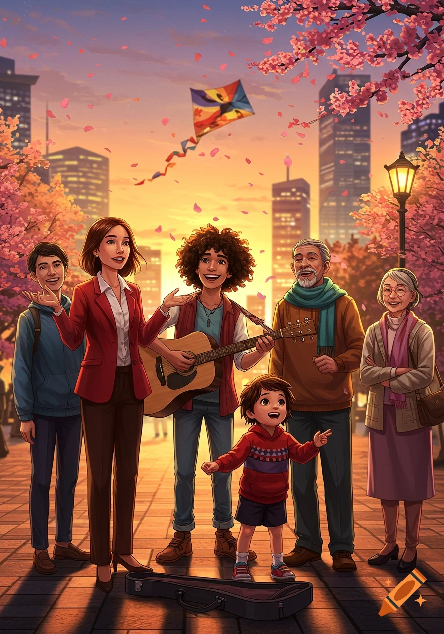 An illustrated multi-generational group with a guitarist and child in a cherry blossom city park at sunset, with a kite flying.