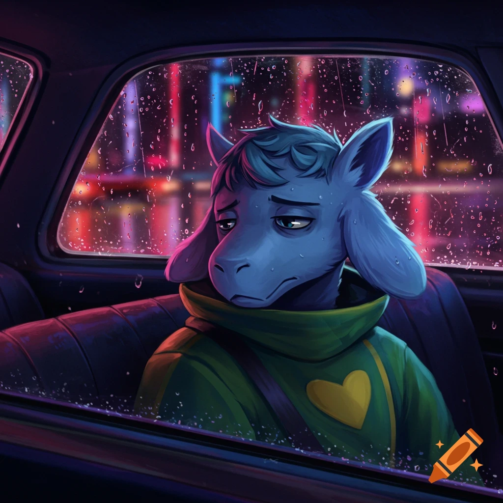A blue, sad, goat-like character in a green hoodie sits in a car, looking out a rainy window at neon city lights.