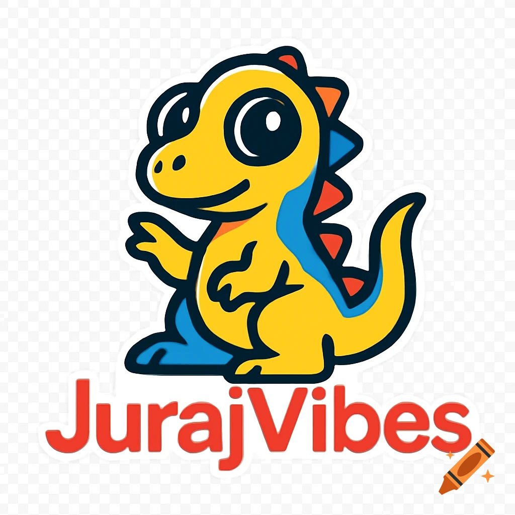 A cute yellow and blue cartoon dinosaur character with orange spikes and black outline, with the red text "JurajVibes" below it on a transparent background.