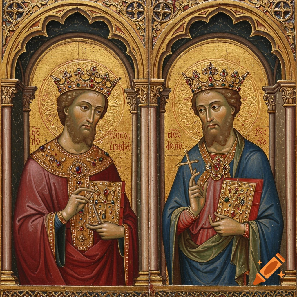 Medieval Byzantine painting of two crowned saints with halos, in red and blue robes, holding ornate books against a gold background.