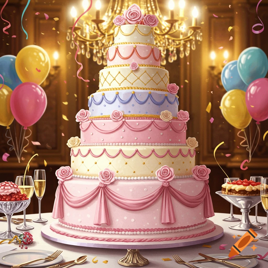 A lavish multi-tiered birthday cake in pink, blue, and gold, decorated with roses, ribbons, and pearls, surrounded by balloons and champagne.