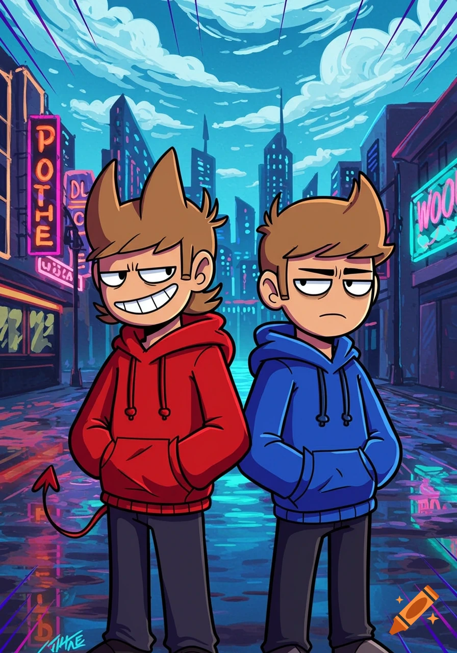 Two cartoon characters, Tord in a red hoodie with a devil tail and Tom in a blue hoodie, stand on a rainy neon-lit city street.