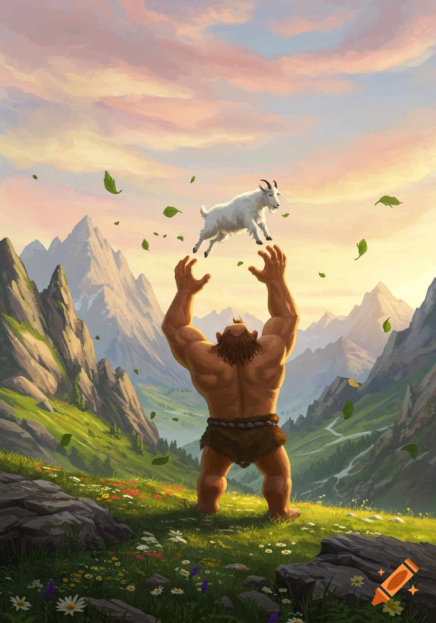 A muscular, ogre-like figure throws a white goat high into a vibrant sunset sky over a fantasy mountain valley.
