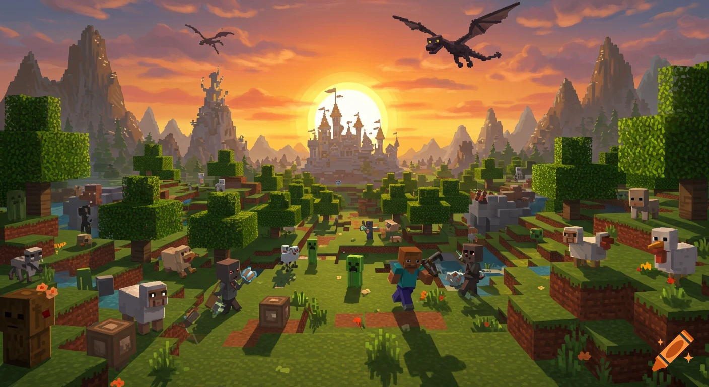 A vibrant pixelated Minecraft landscape with a castle, two dragons, Steve, creepers, and animals at sunset.