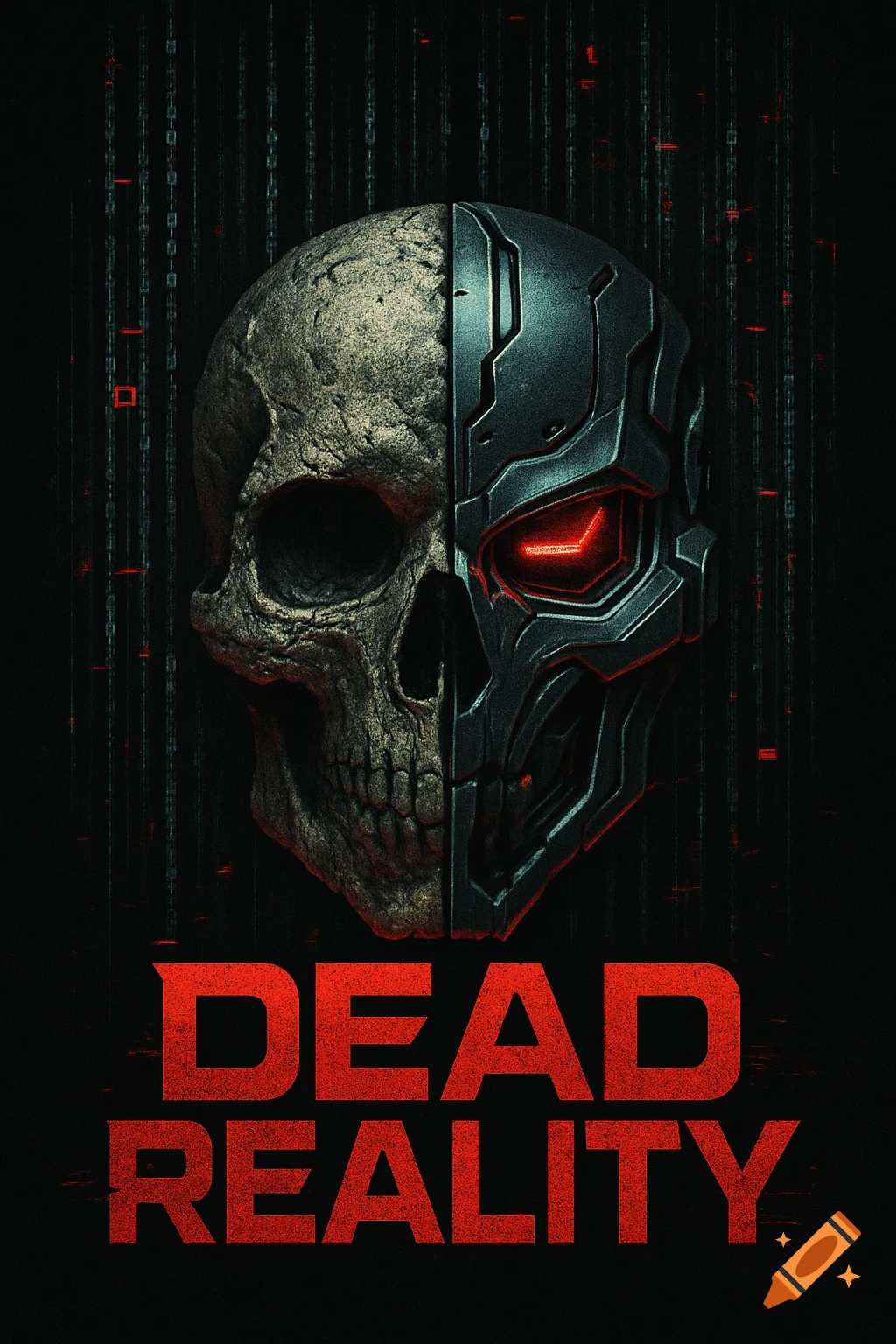 A hybrid skull, half decayed human bone, half metallic robot with a glowing red eye, on a dark background with glitching code. Text 'DEAD REALITY' below.