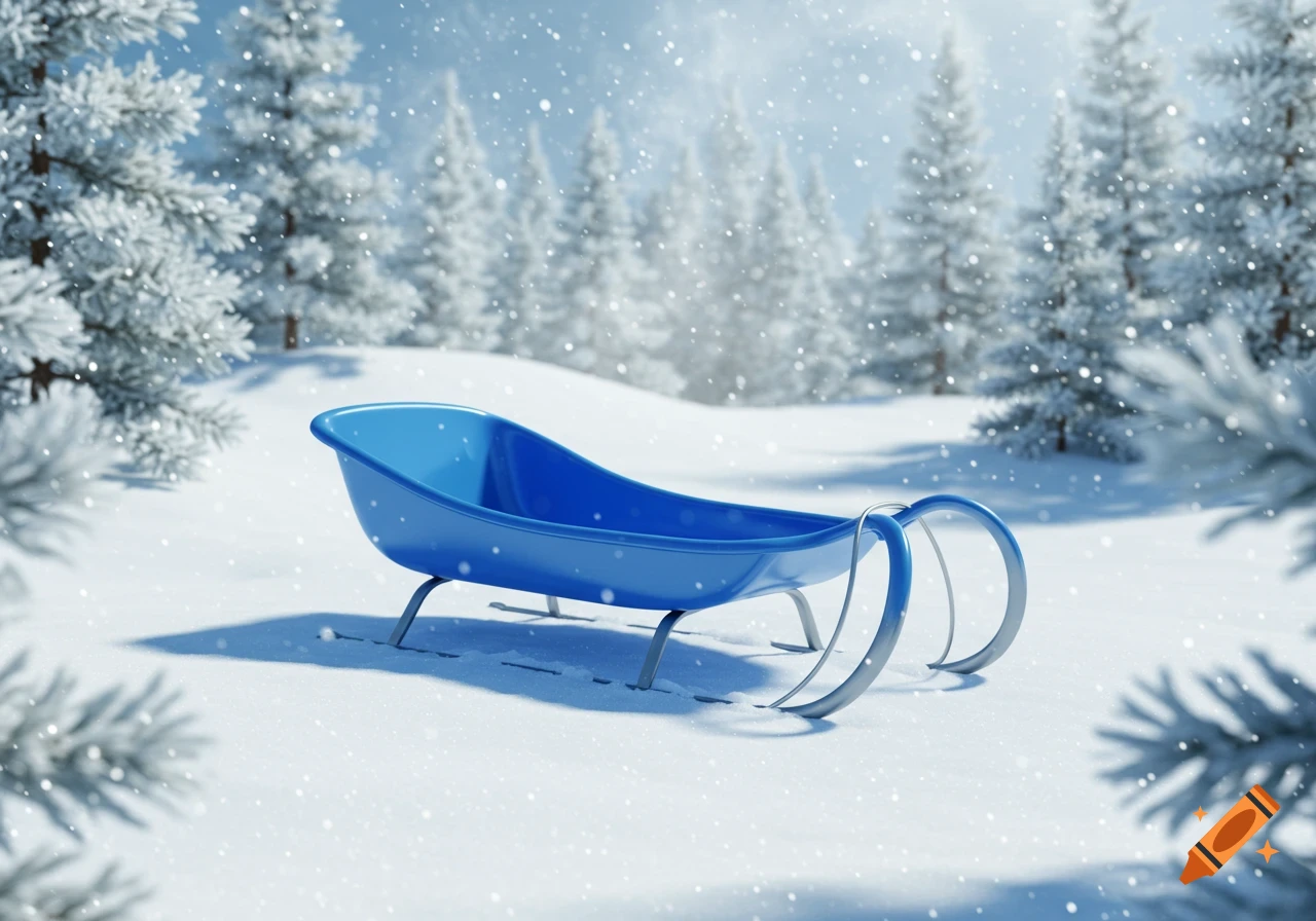 A blue sled sits in a snow-covered forest during winter, with snow falling.