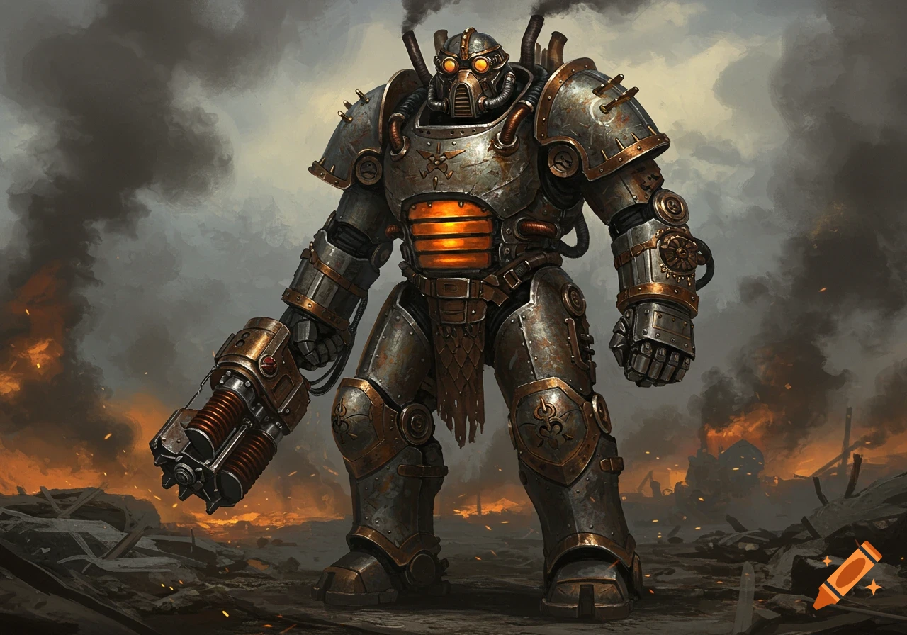 A bulky, rusty dieselpunk power armor suit stands in a war-torn, smoky landscape with fires burning in the background.