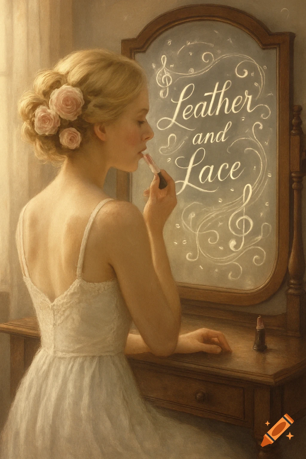 Blonde woman in white dress applying lipstick at a vintage vanity, with roses in her hair and 'Leather and Lace' text on the mirror.