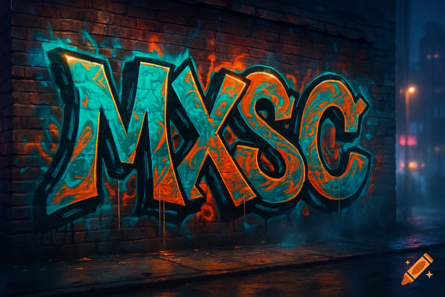 Graffiti of the letters MXSC in teal and orange on a brick wall at night, with street lights in the background.