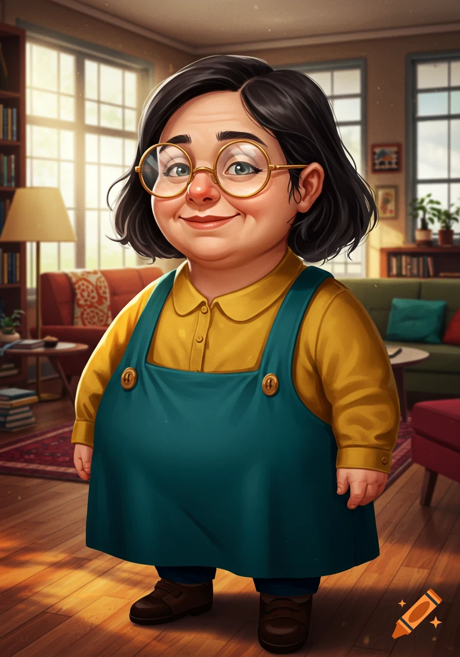 A smiling, plump woman with dark hair and large round glasses, wearing yellow and teal overalls, stands in a sunlit living room. Digital illustration.