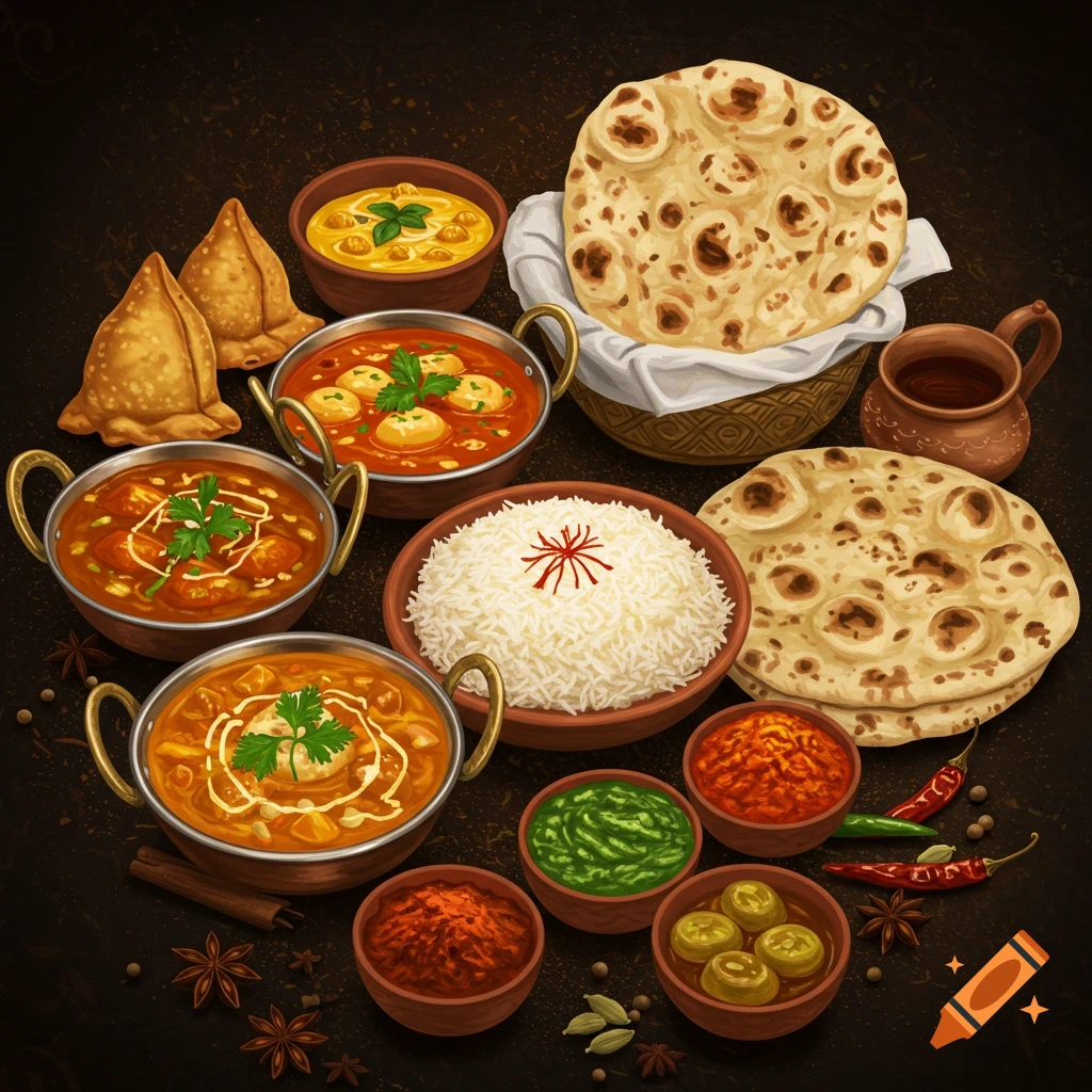 Overhead illustration of various Indian dishes: curries, rice, naan, samosas, chutneys, and spices on a dark background.