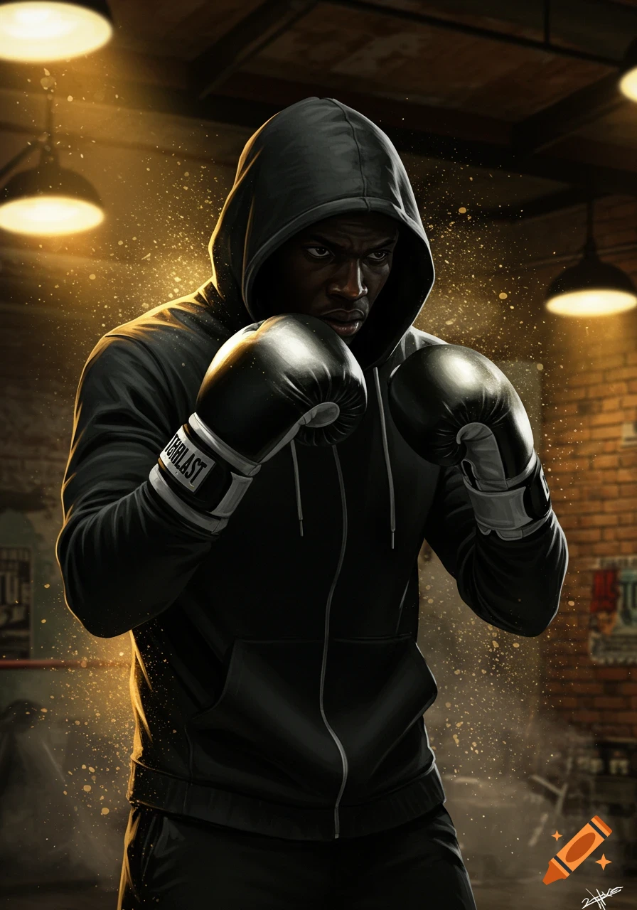A male boxer in a black hoodie and gloves stands in a fighting stance in a dimly lit gym, digital art.