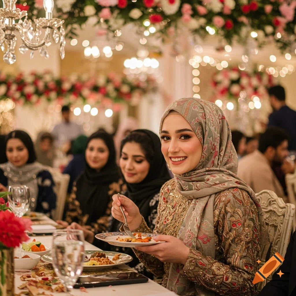 A smiling woman in an elegant hijab eats at a festive wedding dinner, with a beautifully decorated hall and blurred guests in the background, photorealistic.
