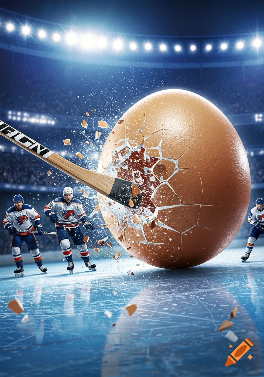 Photorealistic image of a hockey stick smashing a giant egg on an ice rink, with three hockey players watching.