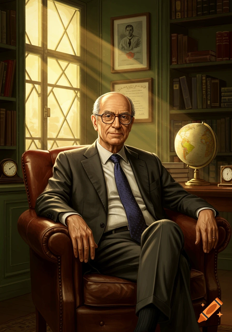 A detailed painting portrait of a balding older man with glasses, wearing a suit and blue tie, seated in a brown leather armchair in a sunlit study with bookshelves, a globe, and clocks.
