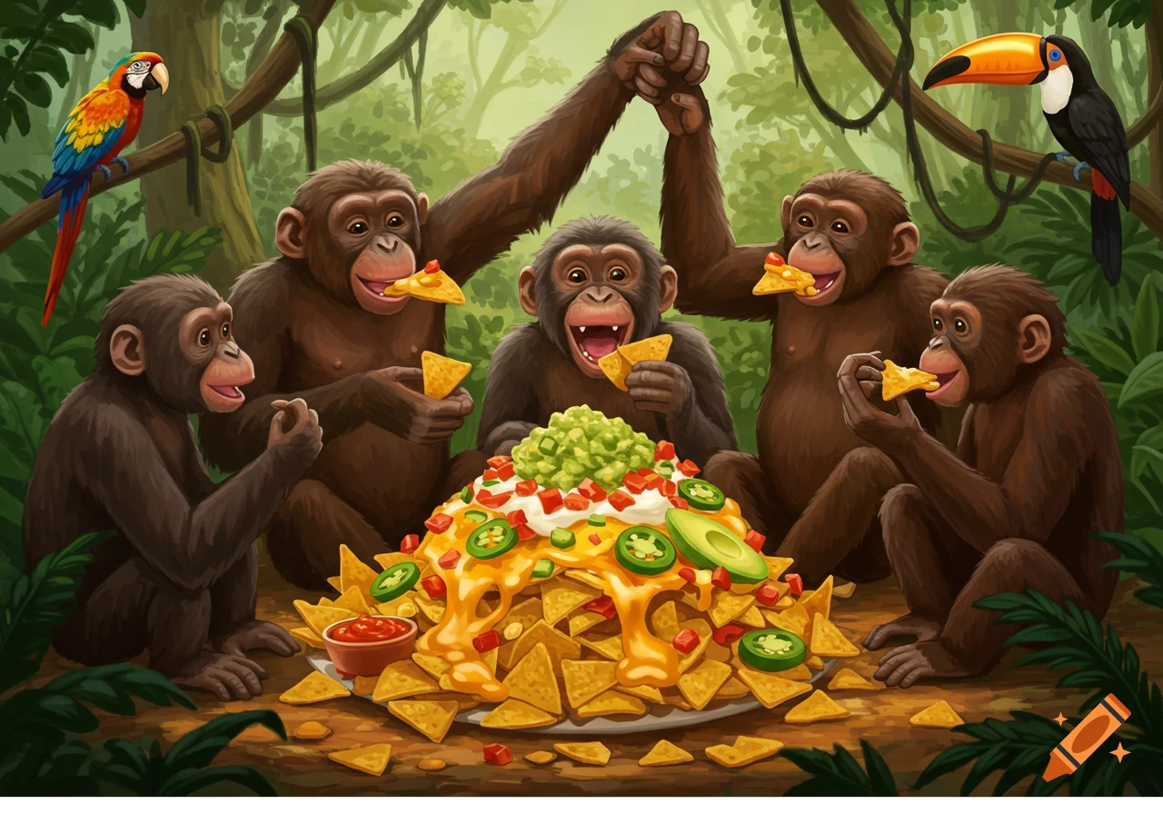 Five chimpanzees happily feast on a large pile of nachos in a vibrant jungle, with a macaw and toucan nearby. Illustration.