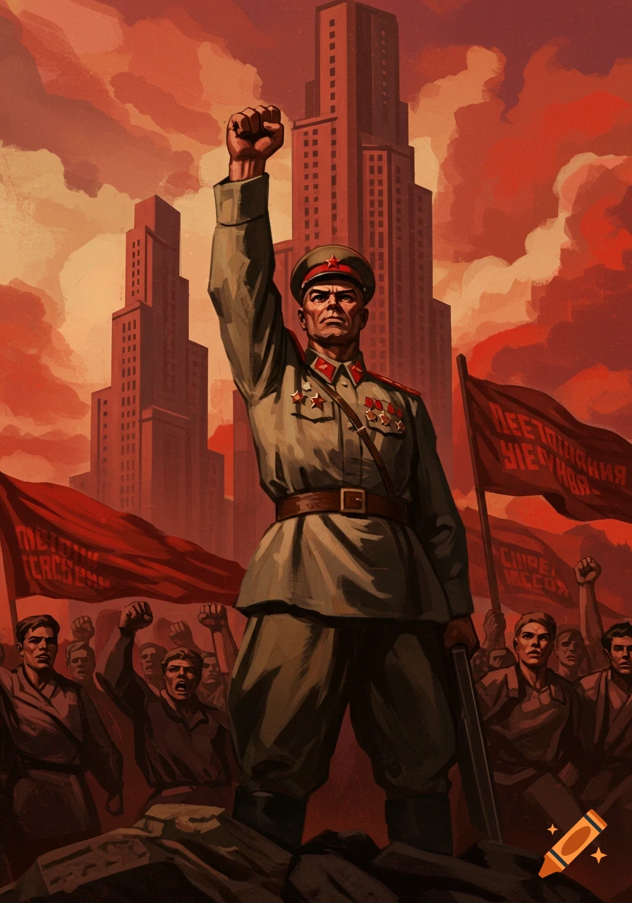 A man in a military uniform raises his fist in a red Soviet-style propaganda poster with a crowd and buildings.