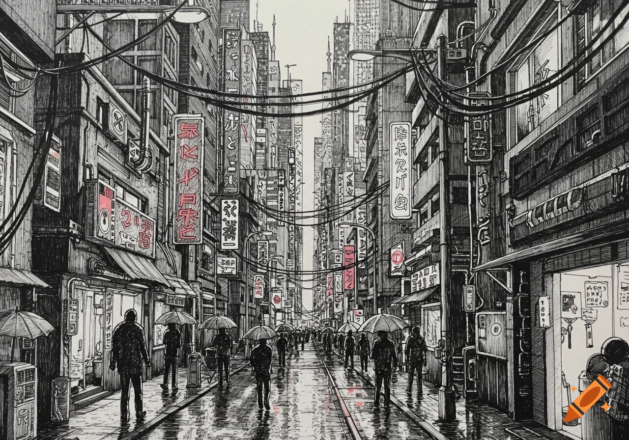 A busy cyberpunk city street during a rainy night, rendered as a black and white pen line drawing. Silhouetted figures with umbrellas walk among tall buildings adorned with numerous glowing signs featuring garbled text.