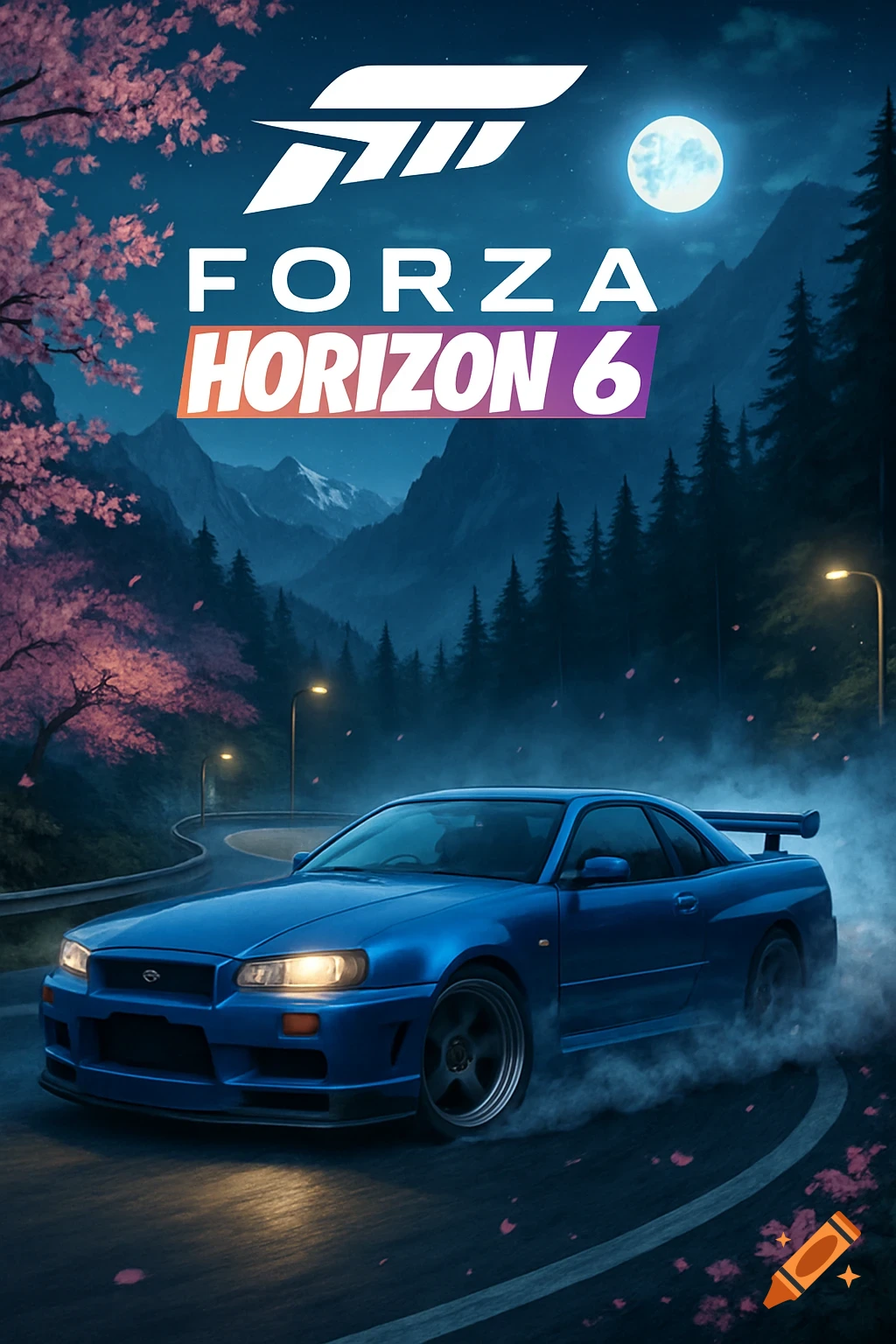 A blue Nissan GT-R R34 drifts on a winding mountain road at night, surrounded by cherry blossoms under a full moon. 'Forza Horizon 6' logo above.