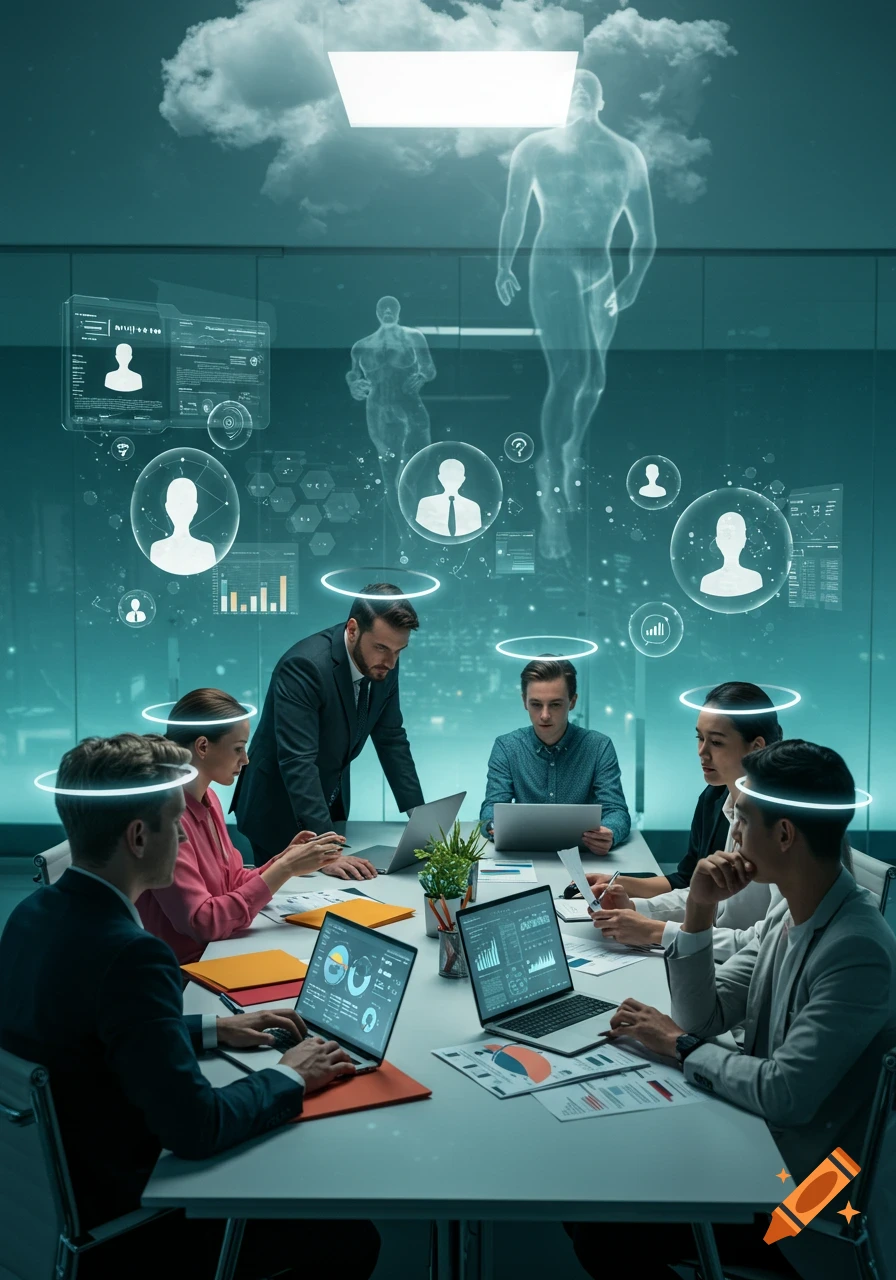 Business professionals in a modern meeting room, surrounded by holographic data displays and ethereal human figures.