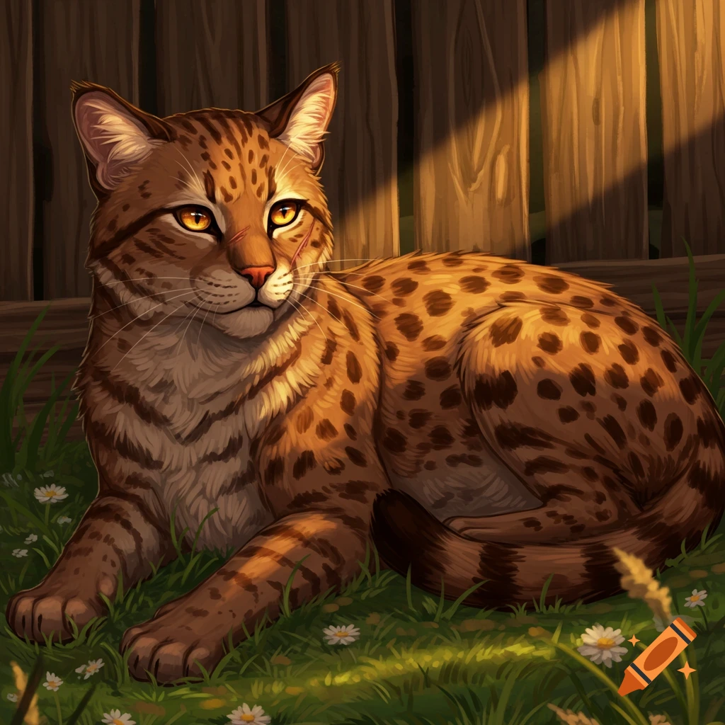 Stylized brown spotted cat with amber eyes and a scar, lying in sunlit grass by a wooden fence with white flowers.