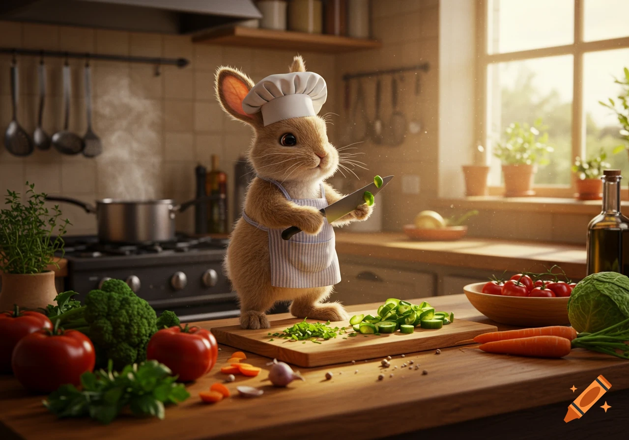 A cute, photorealistic rabbit chef in a white hat and striped apron chops vegetables on a wooden cutting board in a sunlit kitchen.