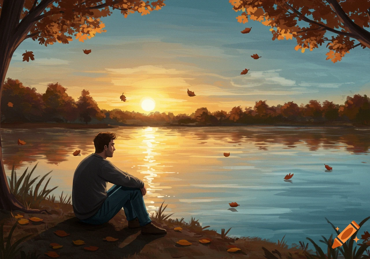 A man sits by a lake, watching the sunset over the water with golden light reflecting. Autumn leaves fall around him and float on the water.