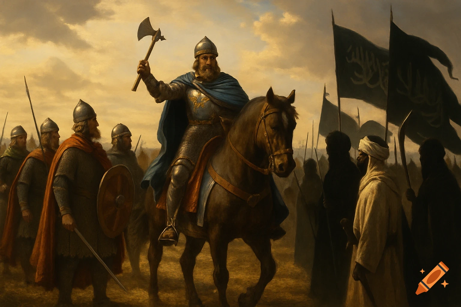 An epic historical painting of Charles Martel on horseback, axe raised, leading Frankish soldiers against Saracen forces under a dramatic sky.