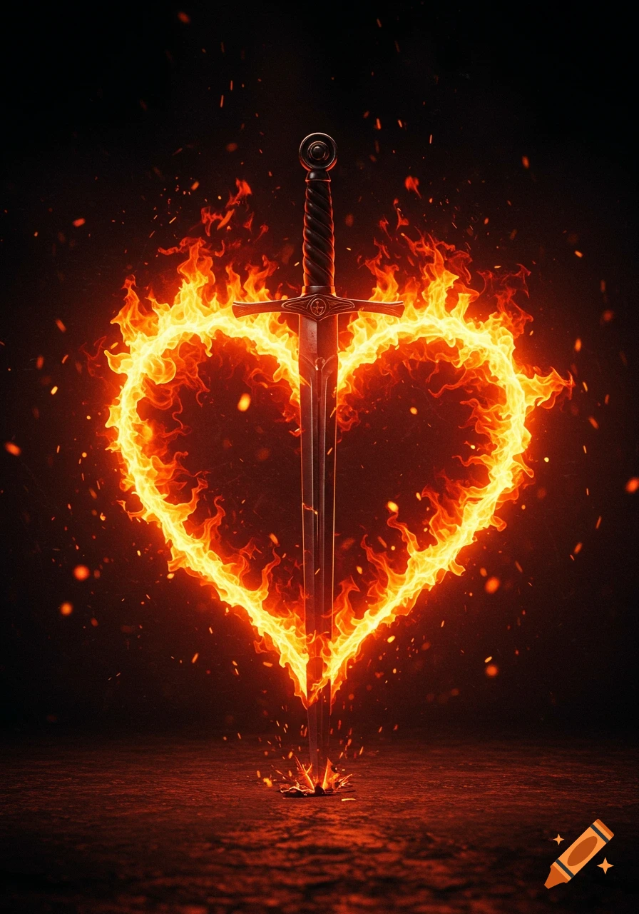 A stylized image with a sword standing upright, piercing through the center of a heart shape made of bright orange and yellow flames, with embers floating upwards against a dark background.