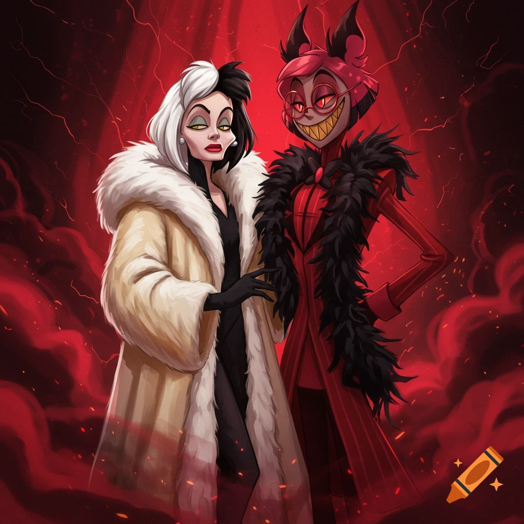 Cruella De Vil in a fur coat and Alastor from Hazbin Hotel with a fur boa stand side-by-side against a dramatic red background.