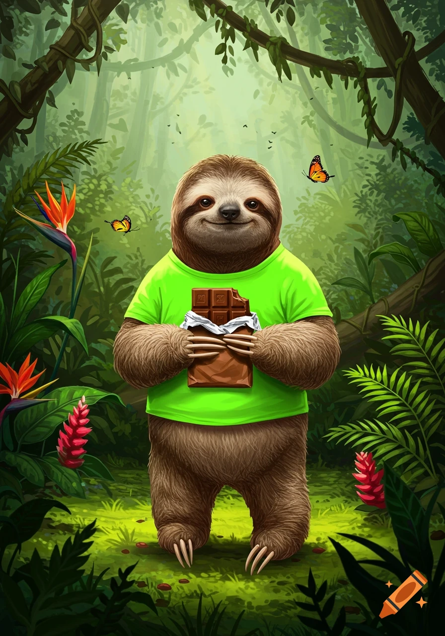 A smiling sloth in a bright green t-shirt stands on two legs in a lush jungle, holding a partially unwrapped chocolate bar.