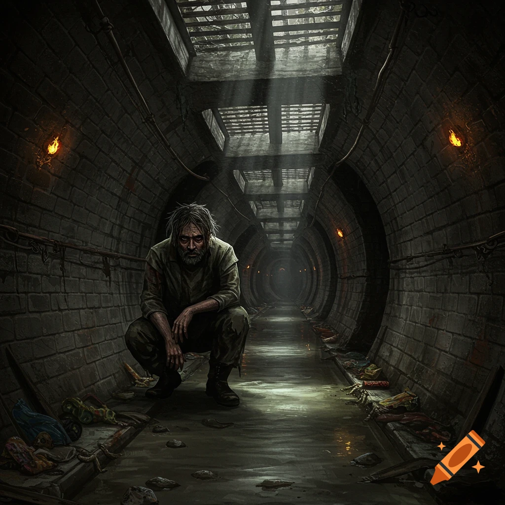 A haggard man with unkempt hair and beard crouches in a dark, wet, brick sewer tunnel, lit by faint light from grates above, with debris scattered around him.