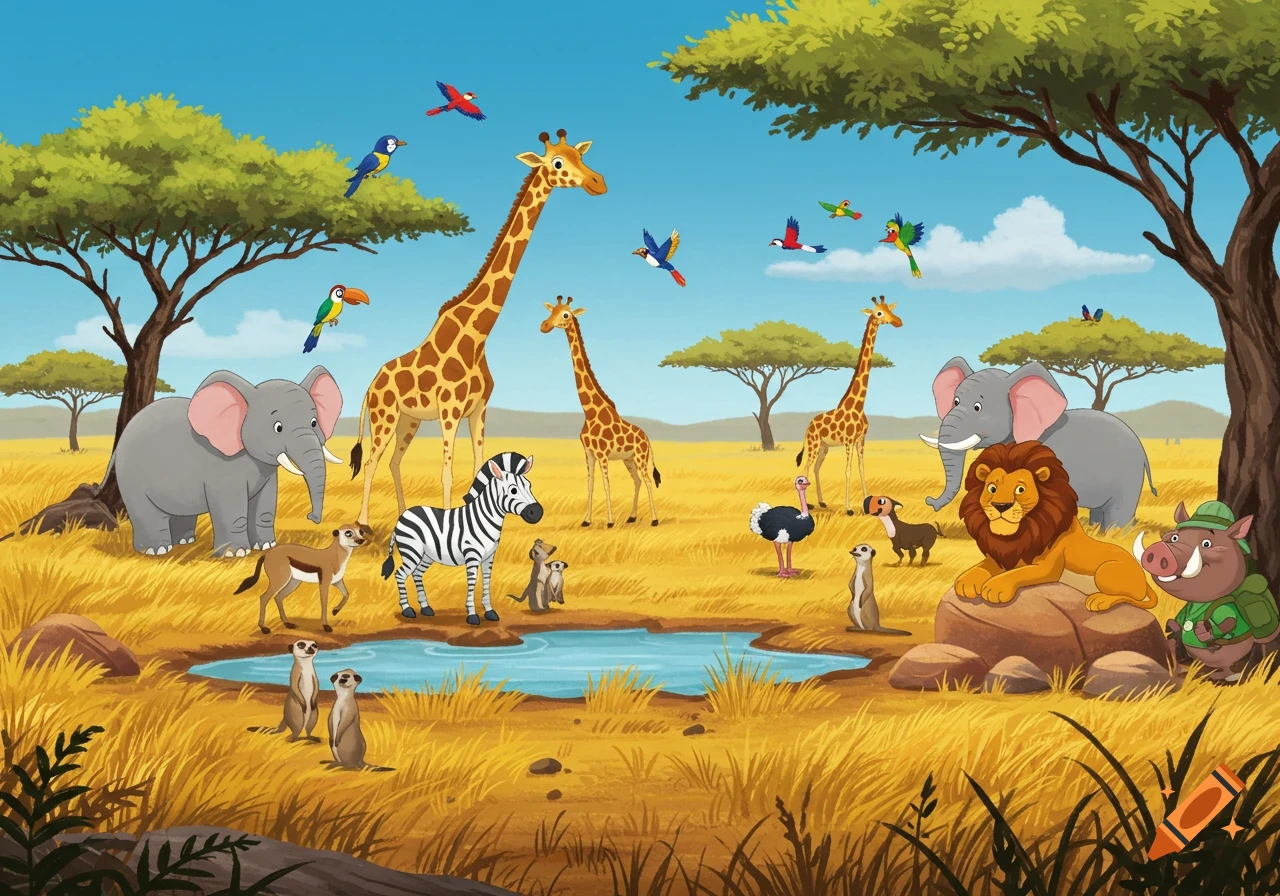 A vibrant cartoon African savannah scene with many friendly animals including giraffes, elephants, zebras, a lion, ostriches, meerkats, and colorful birds near a watering hole under a blue sky.