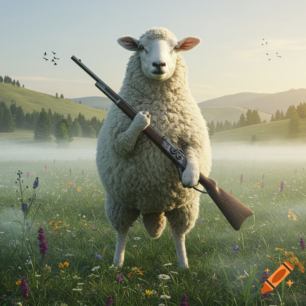 A photorealistic image of a sheep standing upright in a misty, flowery field, holding a rifle.