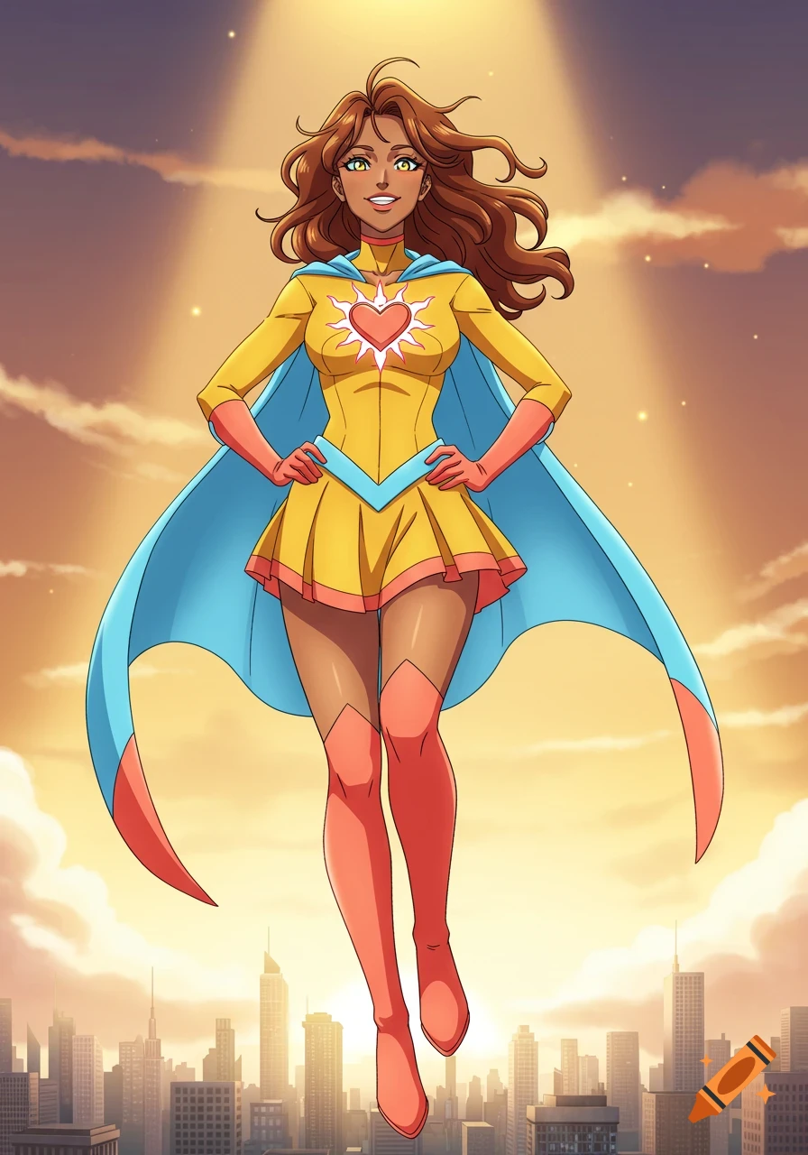 Anime superheroine with brown hair, in a yellow suit and blue cape, soars above a city at sunset, hands on hips.