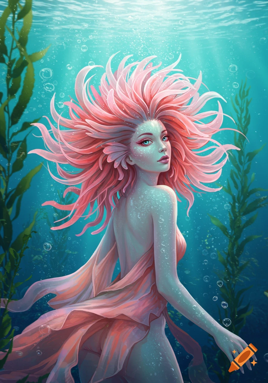 Ethereal sea anemone girl with flowing pink hair and translucent skin swims underwater amidst green seaweed.