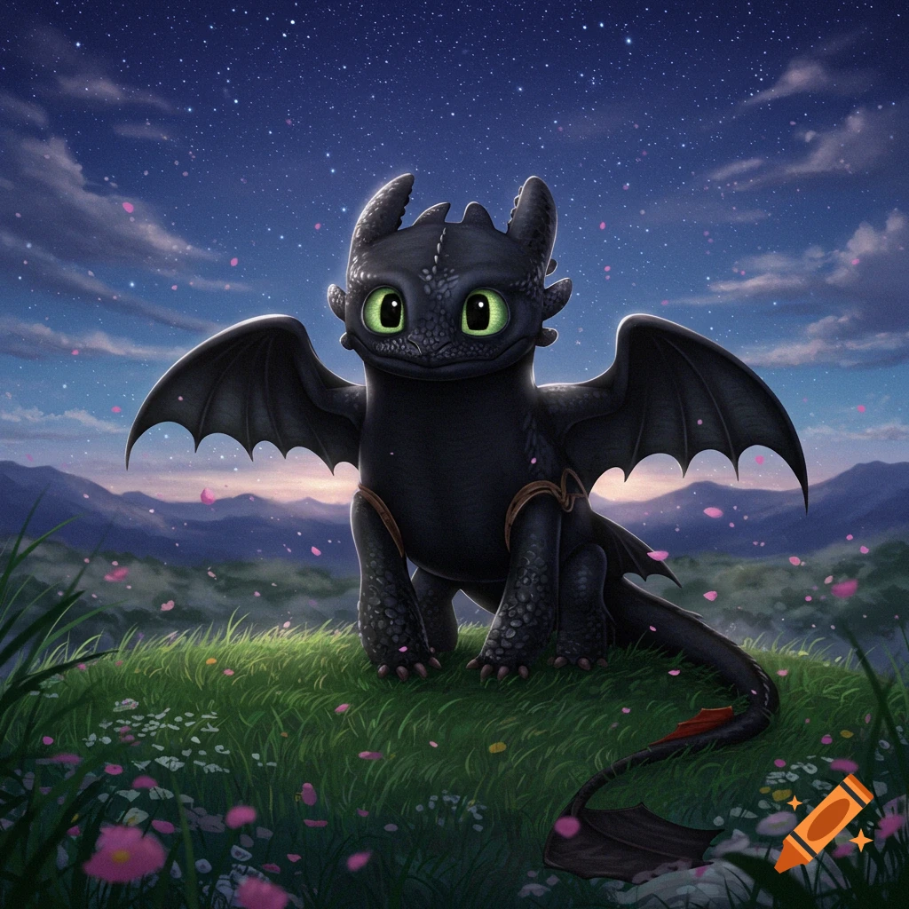 A cute black dragon with big green eyes sits on a grassy hill with pink flowers under a starry night sky.