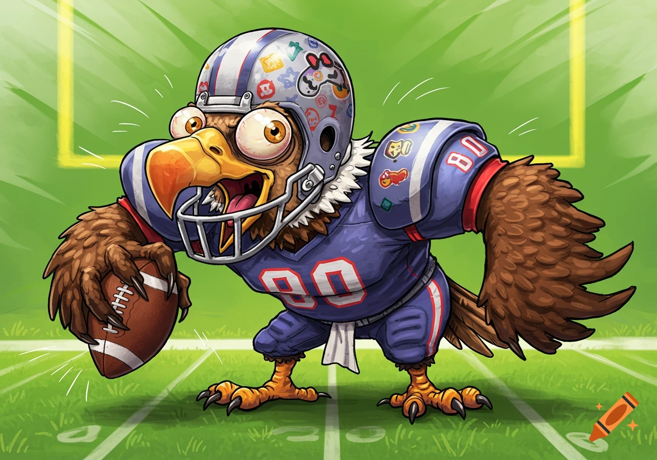 A cartoon bird in a blue and red football uniform with a helmet, holding a football on a green field.