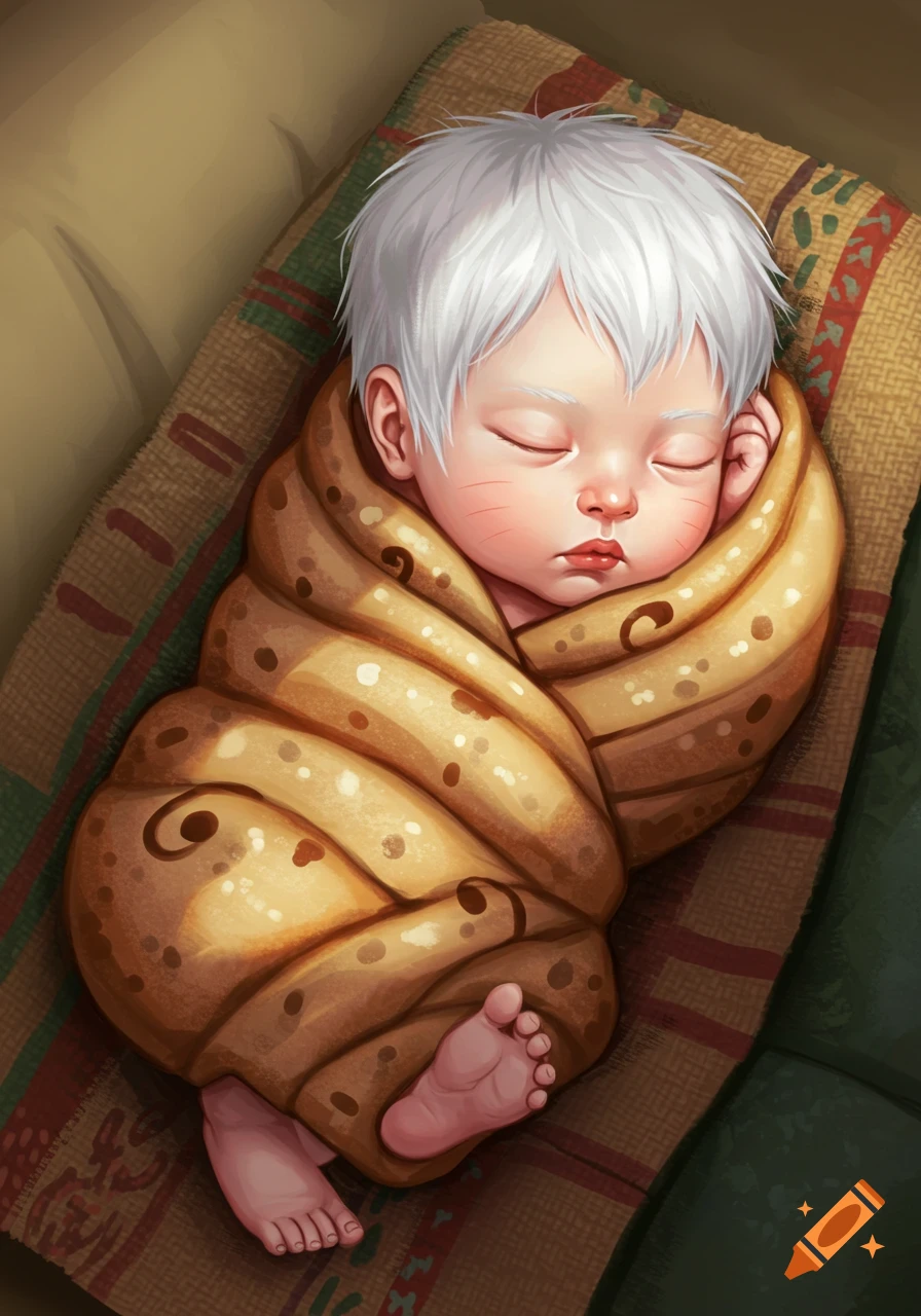 A peacefully sleeping newborn baby with white hair and pale skin, wrapped in a bread-like Bolillo costume, in an anime art style.