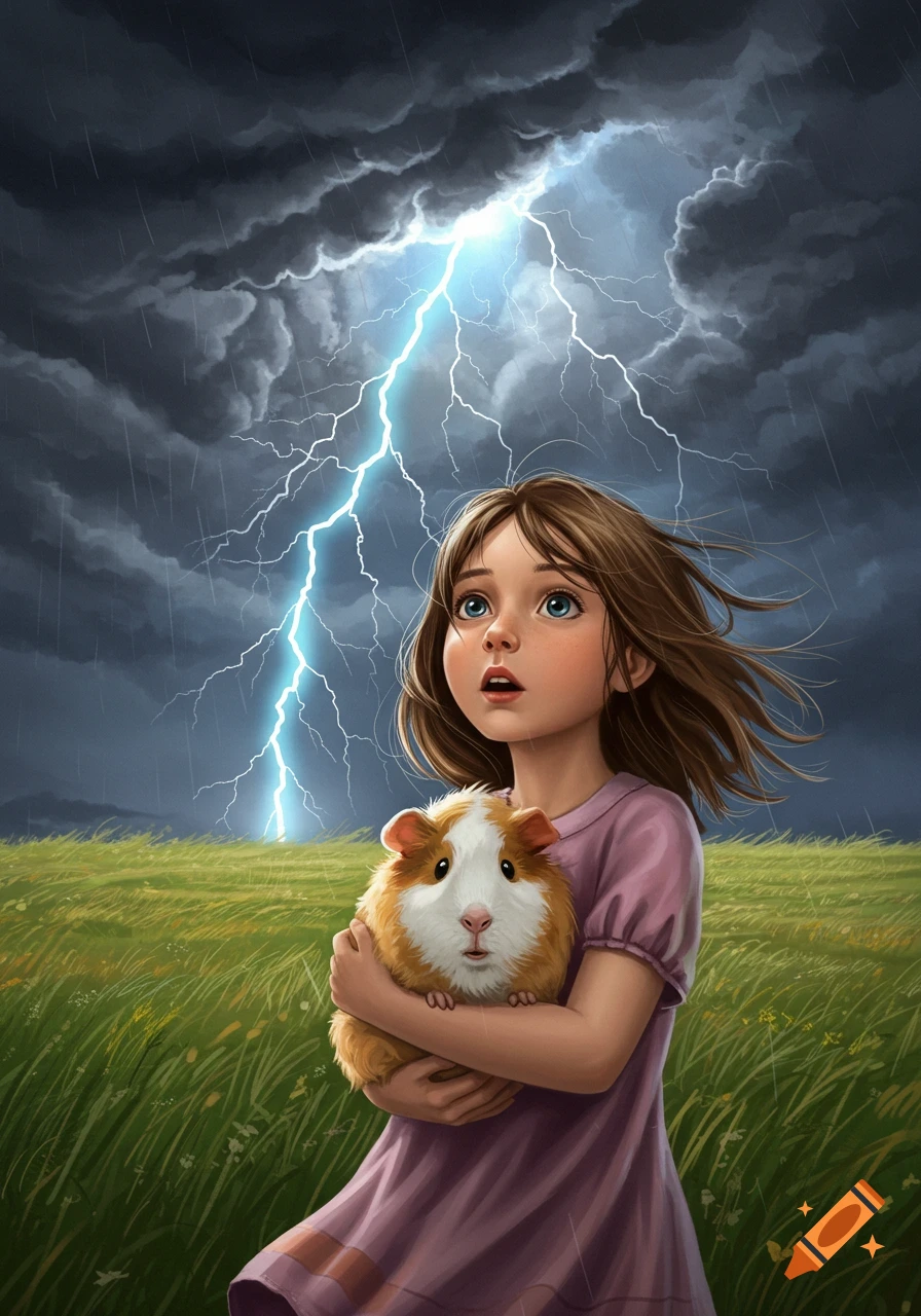 A surprised girl holds a guinea pig in a field as lightning strikes in a rainy storm. Illustrated.