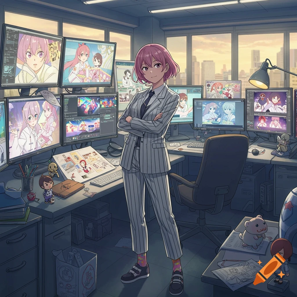 An anime director with pink hair in a striped suit stands in an office full of computer monitors displaying anime scenes.