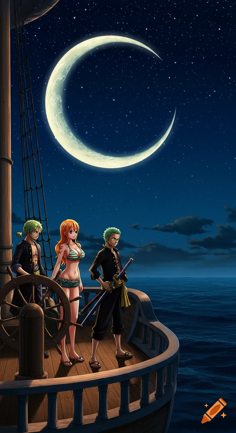 Anime characters Nami, Zoro, and Sanji stand on a pirate ship deck at night under a large crescent moon and starry sky, with the ocean visible.