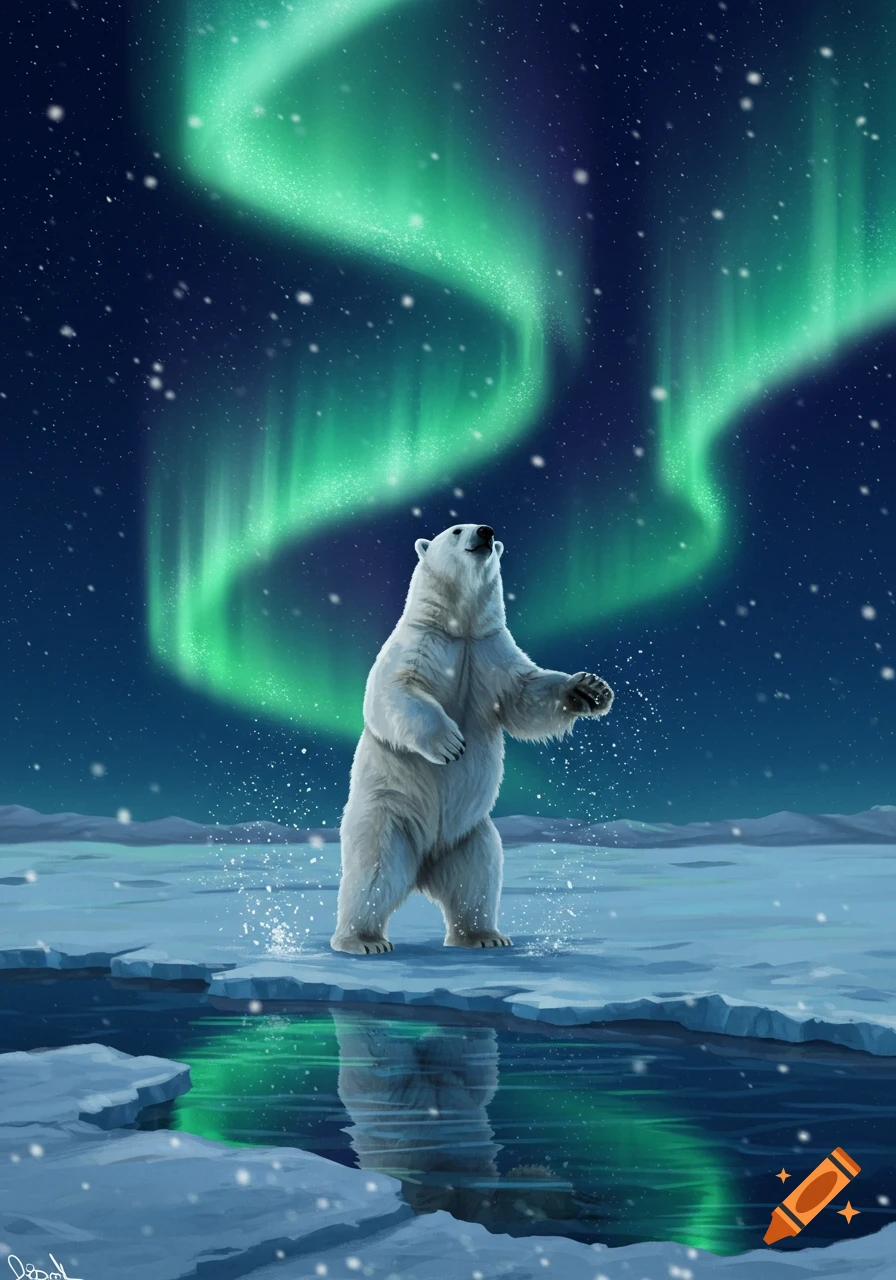A polar bear stands on ice, looking up at vibrant green northern lights in a snowy, dark blue arctic night sky, with reflections in the water.