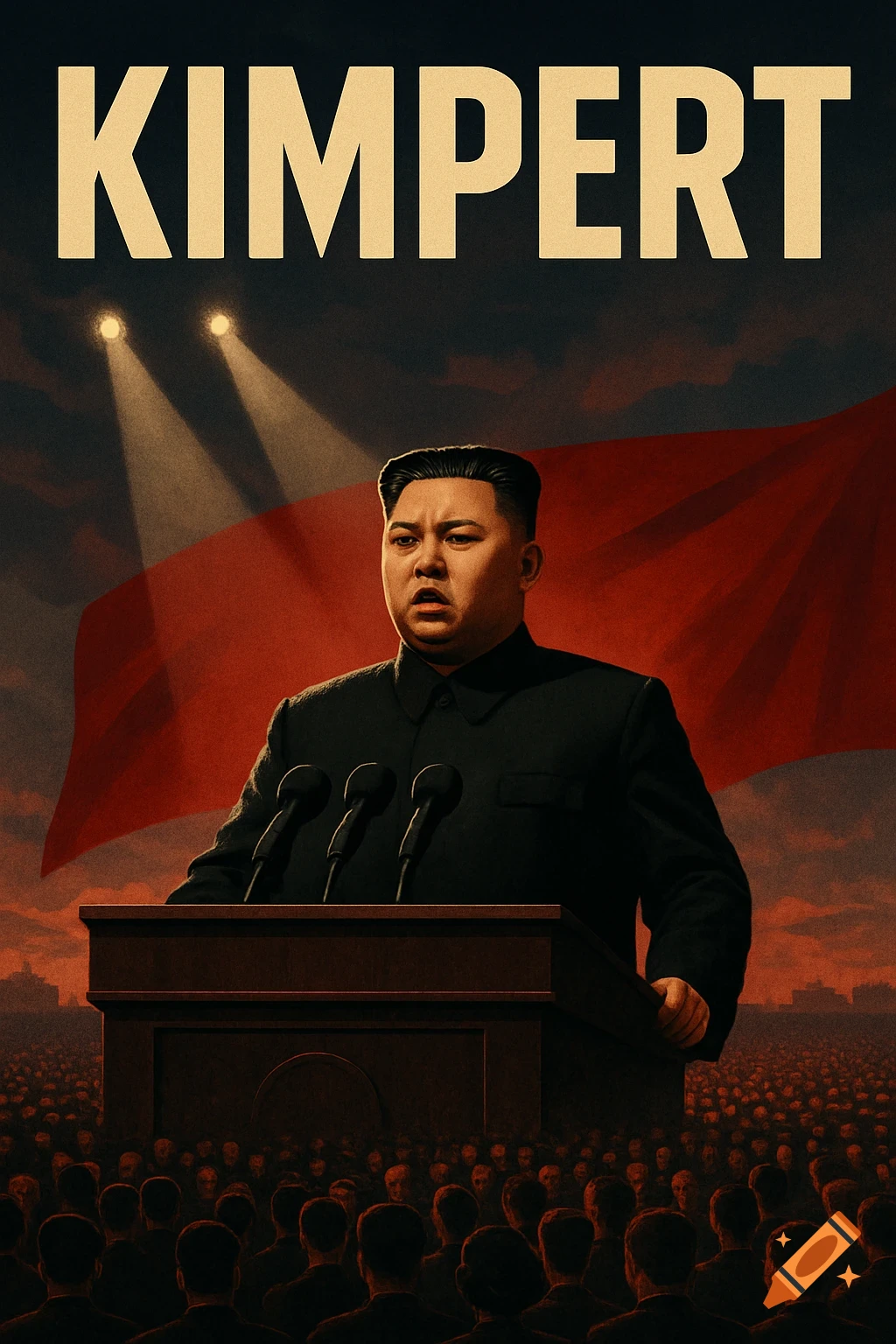 A stylized poster showing Kim Jong Un speaking at a podium to a large crowd under spotlights, with a red flag and the word "KIMPERT" above.