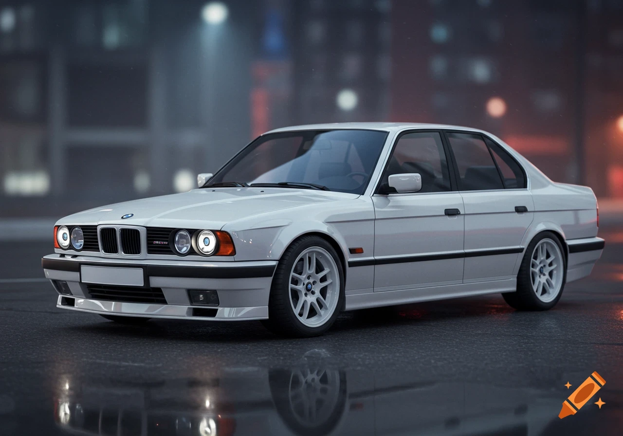 A white BMW E34 sedan with white sport wheels is parked on a wet street at night, illuminated by streetlights.